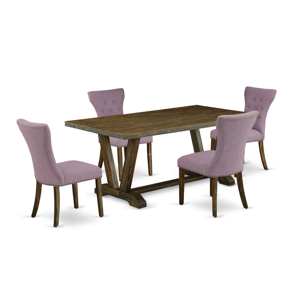 East West Furniture 5-Pc  Included 4 Modern Dining chairs Upholstered Seat and High Button Tufted Chair Back and Rectangular Dining Table with Distressed Jacobean Rectangular Table Top - Distressed Ja