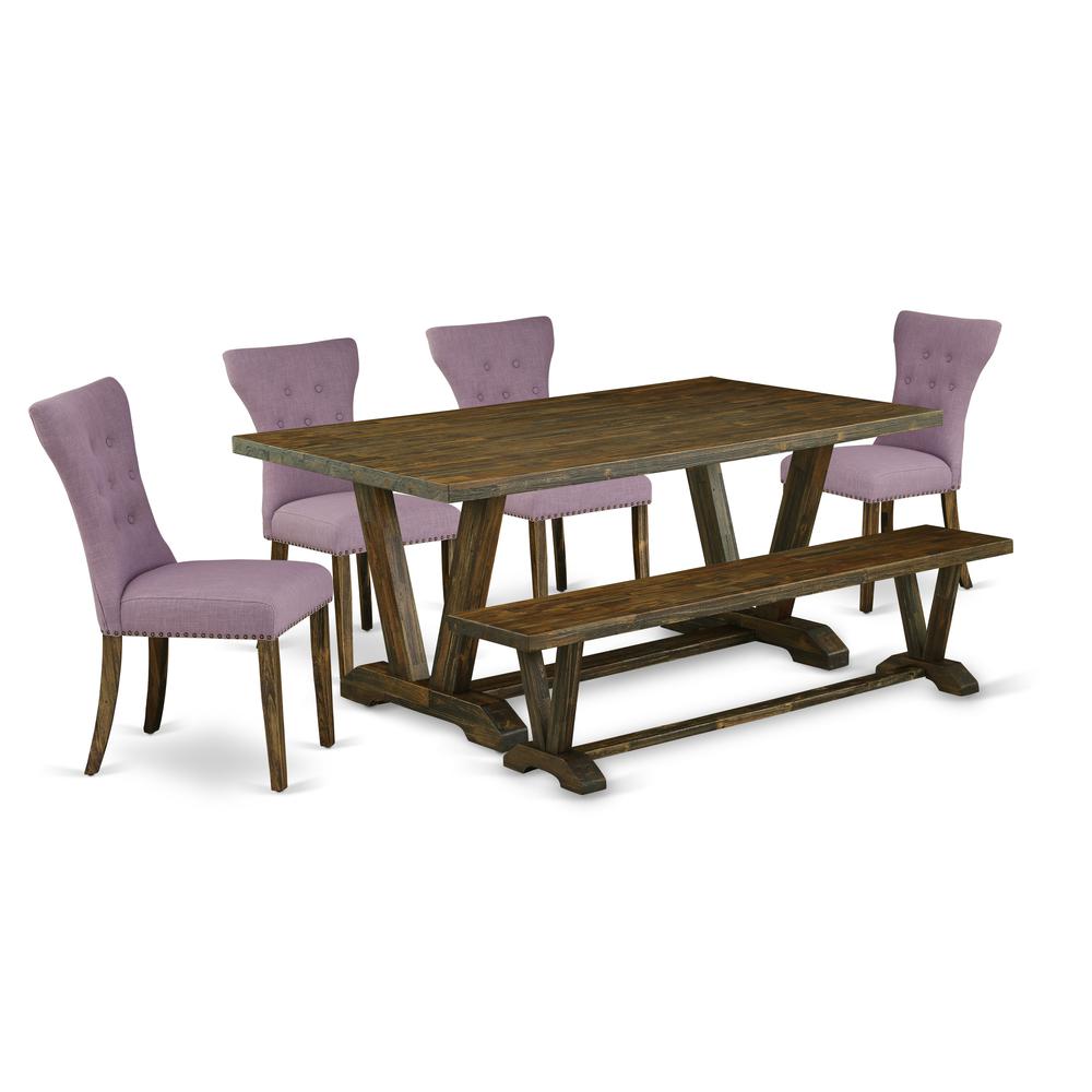 East West Furniture 6-Pc kitchen table set-Dahlia Linen Fabric Seat and Button Tufted Chair Back Modern Dining chairs, A Rectangular Bench and Rectangular Top Wood Kitchen Table with Wood Legs - Distr