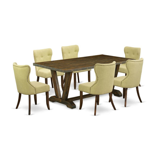 East West Furniture V777SI737-7 7-Pc Kitchen Dining Room Set- 6 Dining Room Chairs with Limelight Linen Fabric Seat and Button Tufted Chair Back - Rectangular Table Top & Wooden Legs - Distressed Jaco