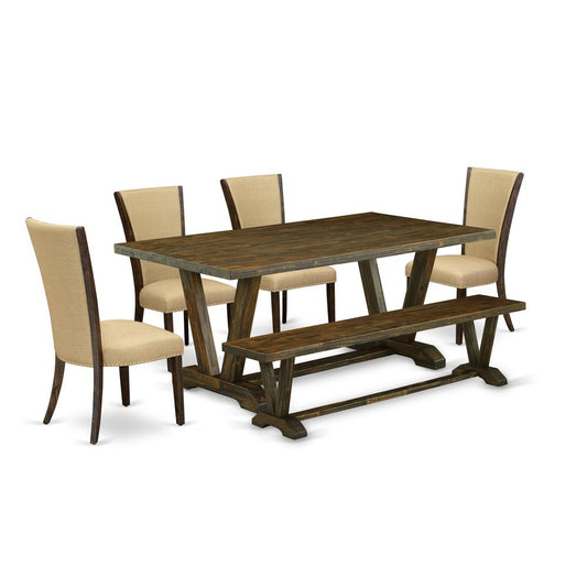 East West Furniture V777VE703-6 6 Piece Dinette Set - 4 Brown Linen Fabric Modern Chair with Nailheads and Distressed Jacobean Dining Table - 1 Mid Century Bench - Distressed Jacobean Finish