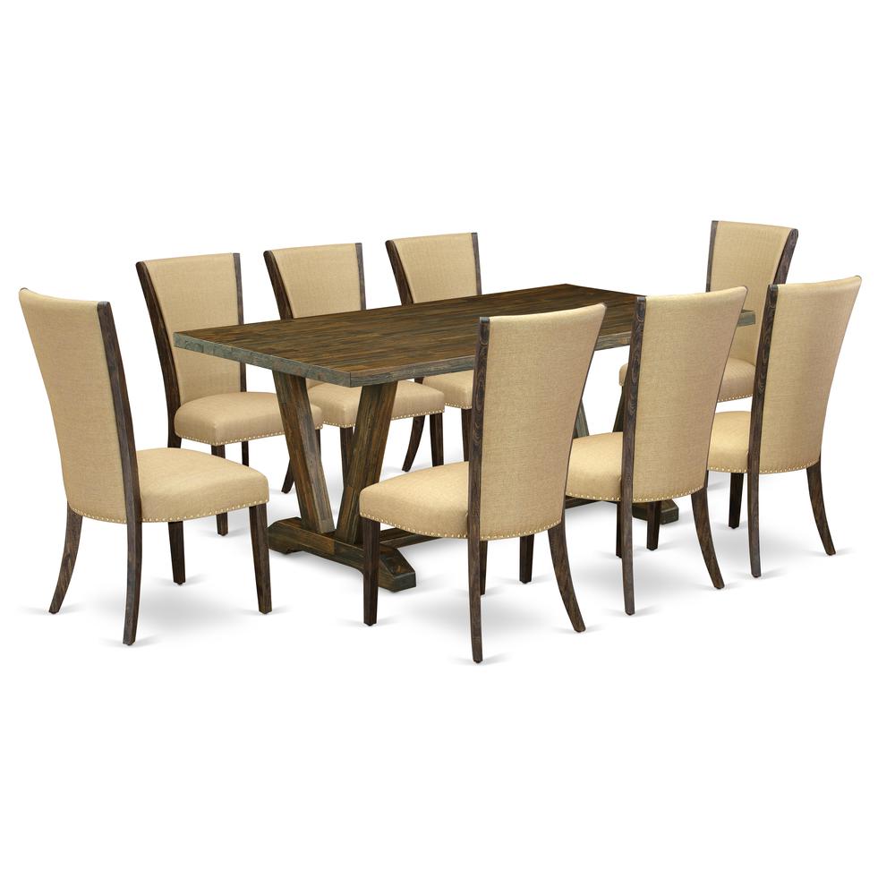 East West Furniture V777VE703-9 9Pc Kitchen Set Consists of a Dinette Table and 8 Upholstered Dining Chairs with Brown Color Linen Fabric, Distressed Jacobean Finish