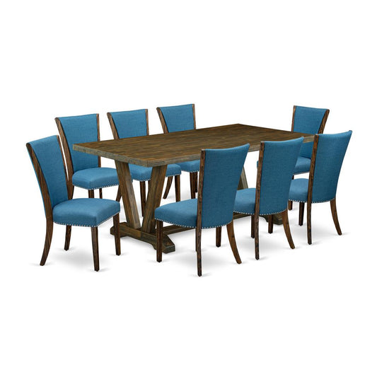 East West Furniture V777VE721-9 9Pc Dining Room Table Set Consists of a Dinette Table and 8 Parsons Chairs with Blue Color Linen Fabric, Distressed Jacobean Finish