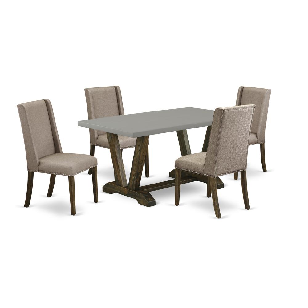 East West Furniture 5-Pc Dinette Set Included 4 Dining room chairs Upholstered Seat and Stylish Chair Back and Rectangular Dining Table with Cement Color Dining Table Top - Distressed Jacobean Finish