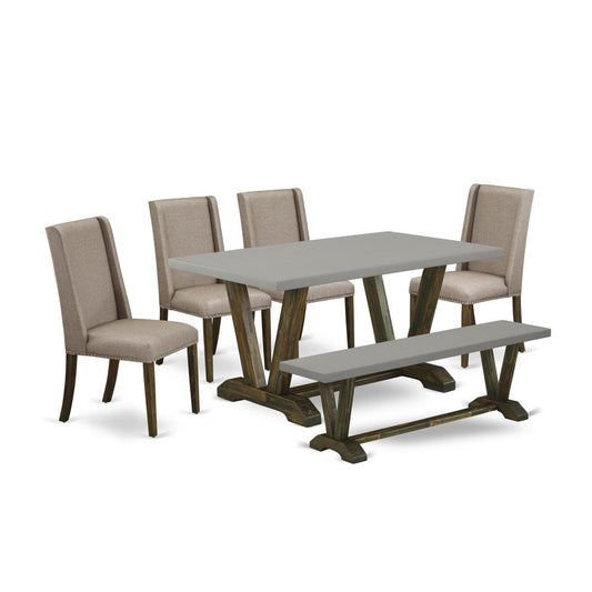 East West Furniture 6-Piece Wood Dining Table Set-Dark Khaki Linen Fabric Seat and High Stylish Chair Back Kitchen chairs, A Rectangular Bench and Rectangular Top Wood Kitchen Table with Wooden Legs -