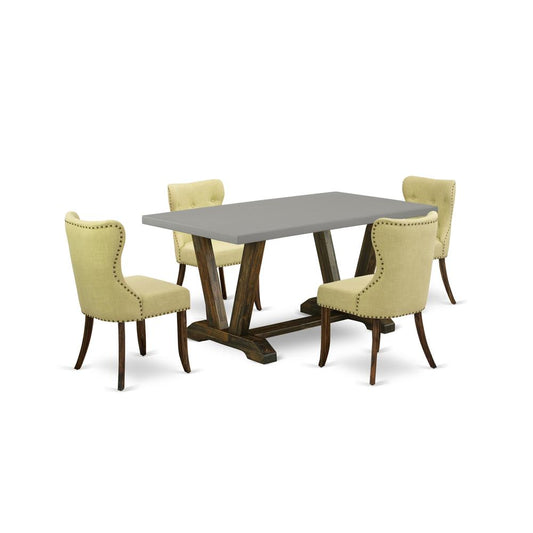 East West Furniture 5-Pc Dinette Set-Limelight Linen Fabric Seat and Button Tufted Back Kitchen Parson Chairs and Rectangular Top Dining Table with Hardwood Legs - Cement and Distressed Jacobean Finis