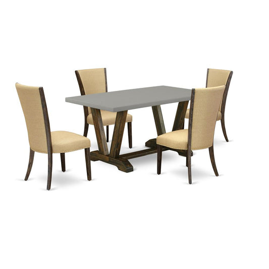 East West Furniture V796VE703-5 5Pc Dining Table set Contains a Dinette Table and 4 Parson Dining Chairs with Brown Color Linen Fabric, Medium Size Table with Full Back Chairs, Distressed Jacobean and