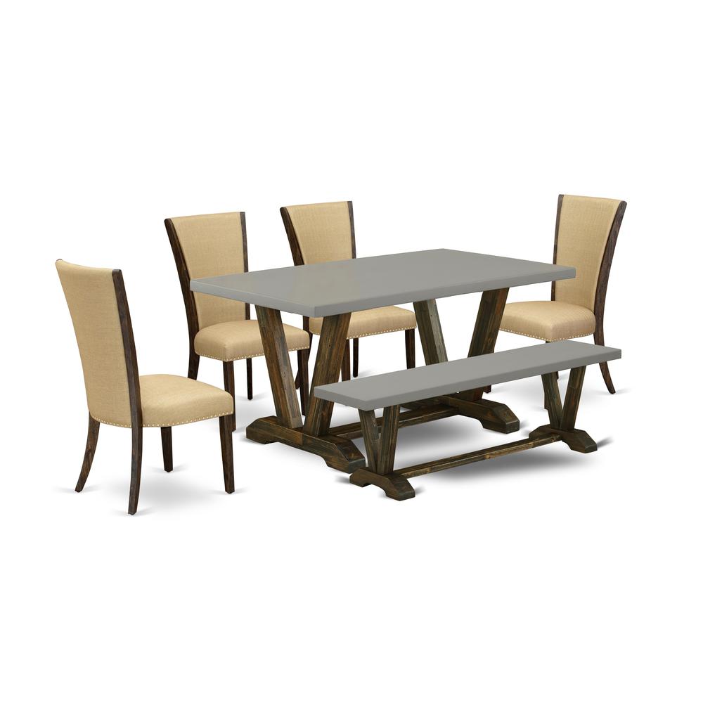 East West Furniture V796VE703-6 6 Piece dining table set - 4 Brown Linen Fabric Mid Century Chair with Nailheads and Cement Modern Dining Table - 1 Dining Bench - Distressed Jacobean Finish