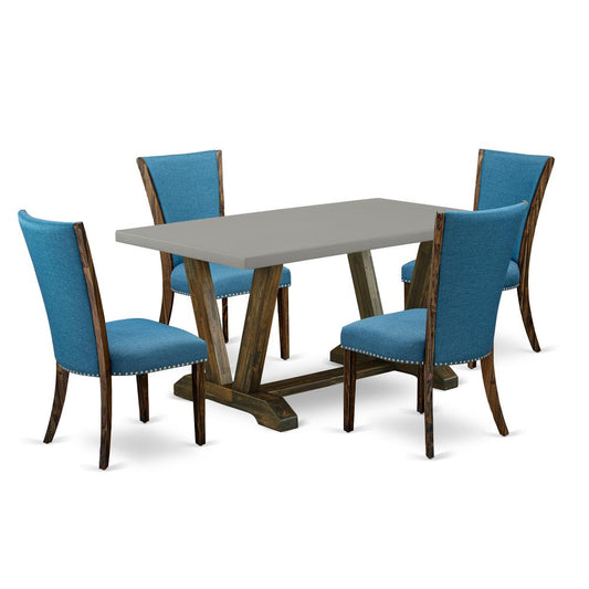 East West Furniture V796VE721-5 5Pc Dining Table Set Offers a Dining Table and 4 Parsons Dining Room Chairs with Blue Color Linen Fabric, Distressed Jacobean and Cement Finish