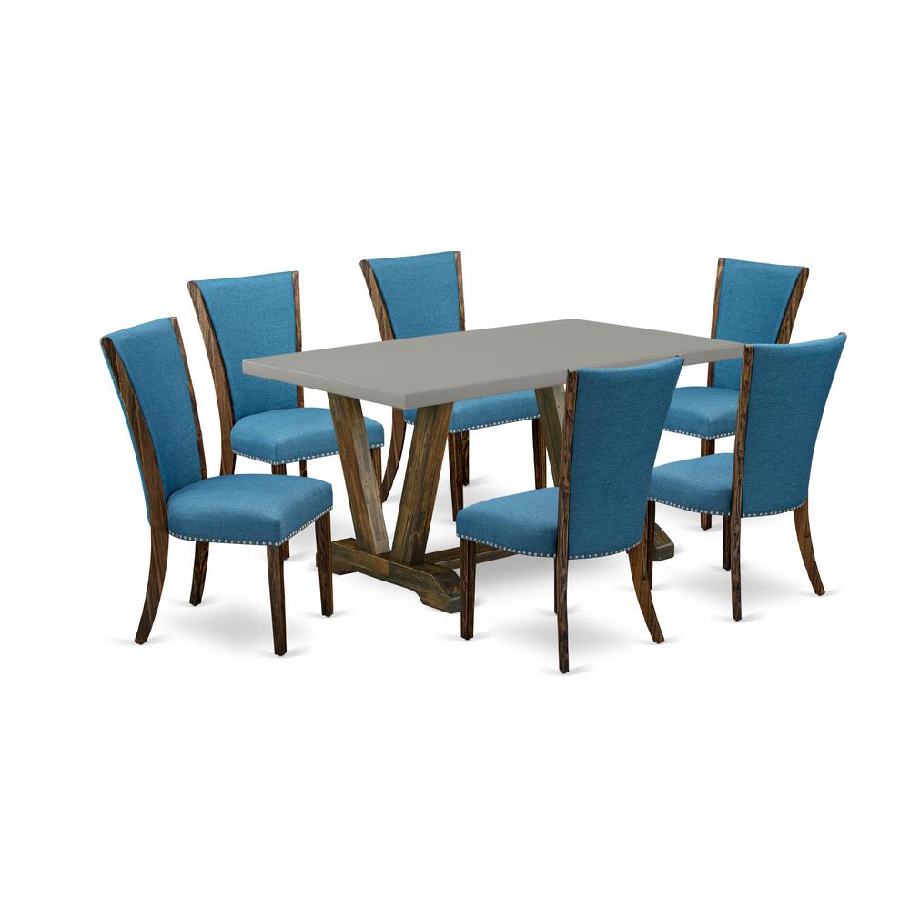 East West Furniture V796VE721-7 7Pc Dining Room Table Set Consists of a Wood Dining Table and 6 Parsons Dining Chairs with Blue Color Linen Fabric, Distressed Jacobean and Cement Finish