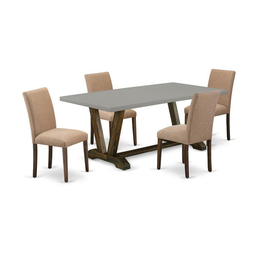 East West Furniture 5-Pc Kitchen and Dining Room Chairs Includes 4 Parson dining chairs with Upholstered Seat and High Back and a Rectangular Modern Kitchen Table - Distressed Jacobean Finish