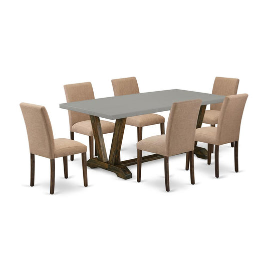 East West Furniture 7-Piece Dining Room Set Includes 6 Dining Room Chairs with Upholstered Seat and High Back and a Rectangular Dining Table - Distressed Jacobean Finish