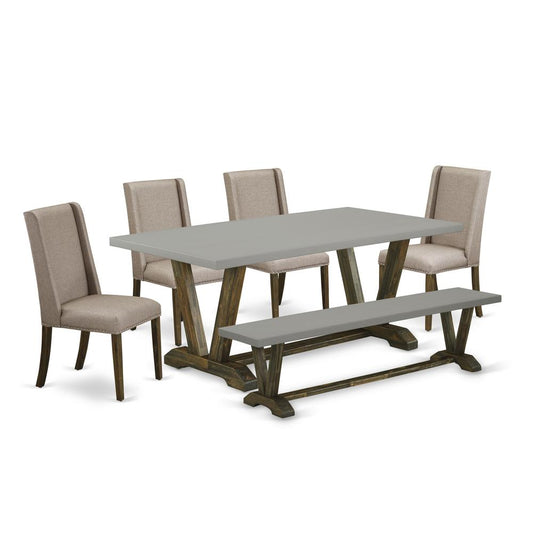 East West Furniture V797FL716-6 - 6-Piece Dinette Set - 4 Parson Chairs, a Stunning Bench and a Rectangular Dinette Table Hardwood Structure