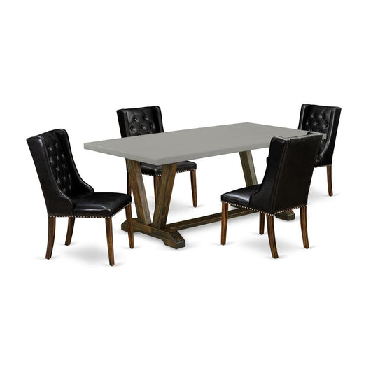 East West Furniture V797FO749-5 5 Pc Dinette Set - 4 Black Pu Leather Dining Room Chair Button Tufted with Nail heads and Wooden Table - Distressed Jacobean Finish