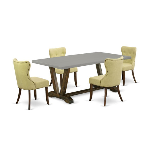 East West Furniture 5-Pc Dining Kitchen Table Set-Limelight Linen Fabric Seat and Button Tufted Back Parson Dining Room Chairs and Rectangular Top Dining Table with Solid Wood Legs - Cement and Distre