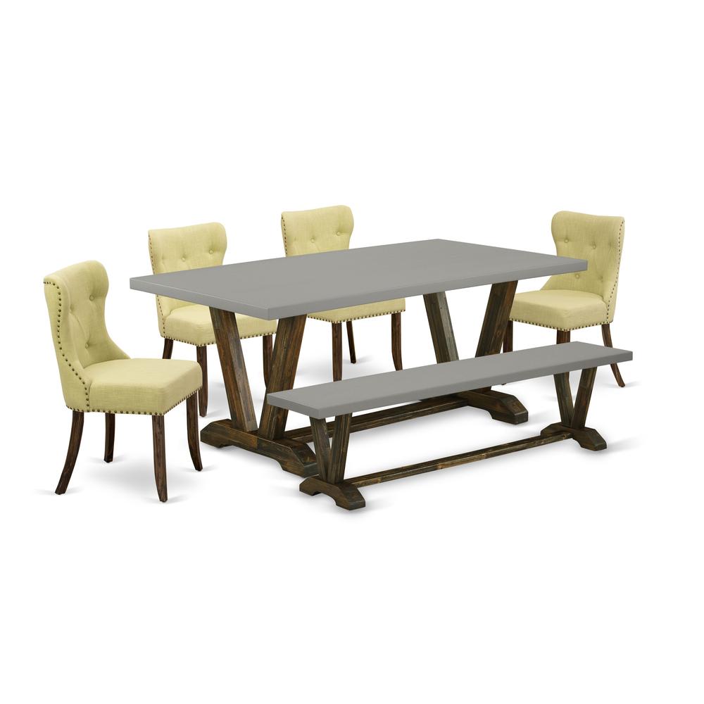 East West Furniture 6-Piece Mid Century Dining Table Set-Limelight Linen Fabric Seat and Button Tufted Back Parson Dining Room Chairs, A Wooden Bench and Rectangular Top Living Room Table with Wood Le