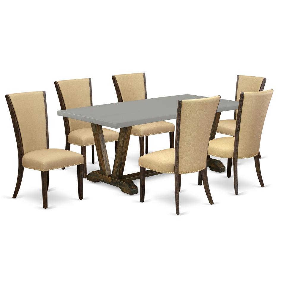 East West Furniture V797VE703-7 7Pc Dinette Sets for Small Spaces Consists of a Wood Table and 6 Parson Chairs with Brown Color Linen Fabric, Distressed Jacobean and Cement Finish