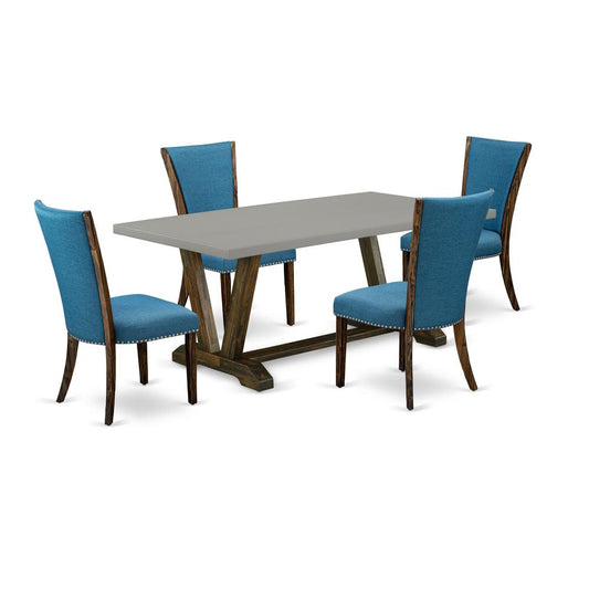 East West Furniture V797VE721-5 5Pc Kitchen Table Set Includes a Rectangular Table and 4 Parson Chairs with Blue Color Linen Fabric, Distressed Jacobean and Cement Finish