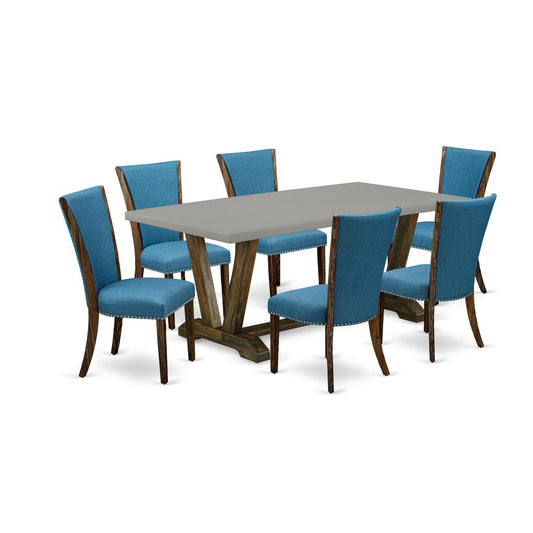 East West Furniture V797VE721-7 7Pc Dining Table Set Consists of a Wood Table and 6 Upholstered Dining Chairs with Blue Color Linen Fabric, Distressed Jacobean and Cement Finish