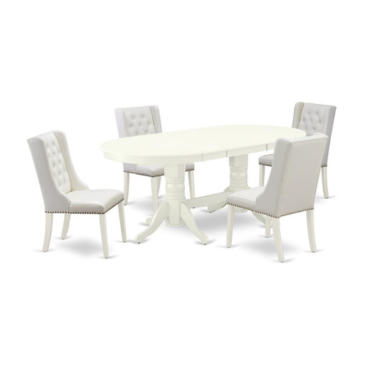 East West Furniture VAFO5-LWH-44 5-Pc Dinette Room Set Includes 1 Butterfly Leaf Double Pedestal Dining Table and 4 Light Grey Linen Fabric Dining Chairs with Button Tufted Back - Linen White Finish