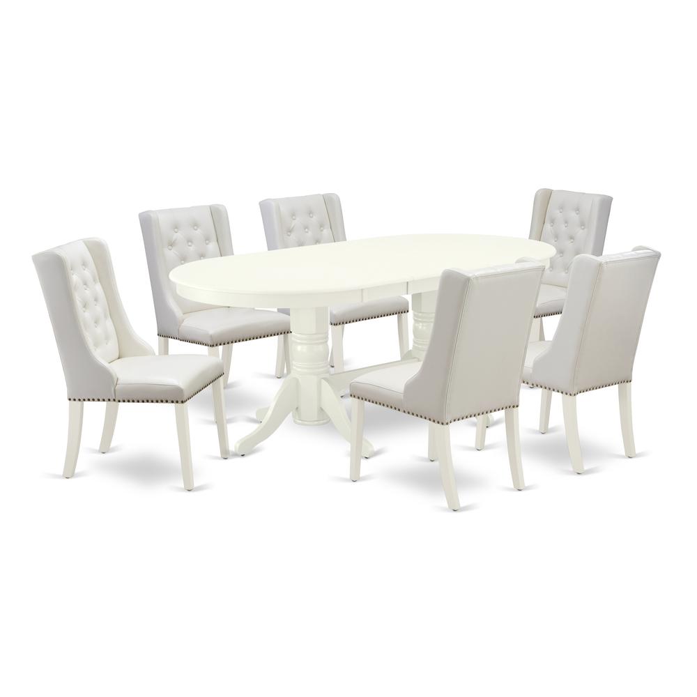 East West Furniture VAFO7-LWH-44 7-Pc Modern Dining Set Includes 1 Butterfly Leaf Double Pedestal Table and 6 Light Grey Linen Fabric dining room chairs with Button Tufted Back - Linen White Finish