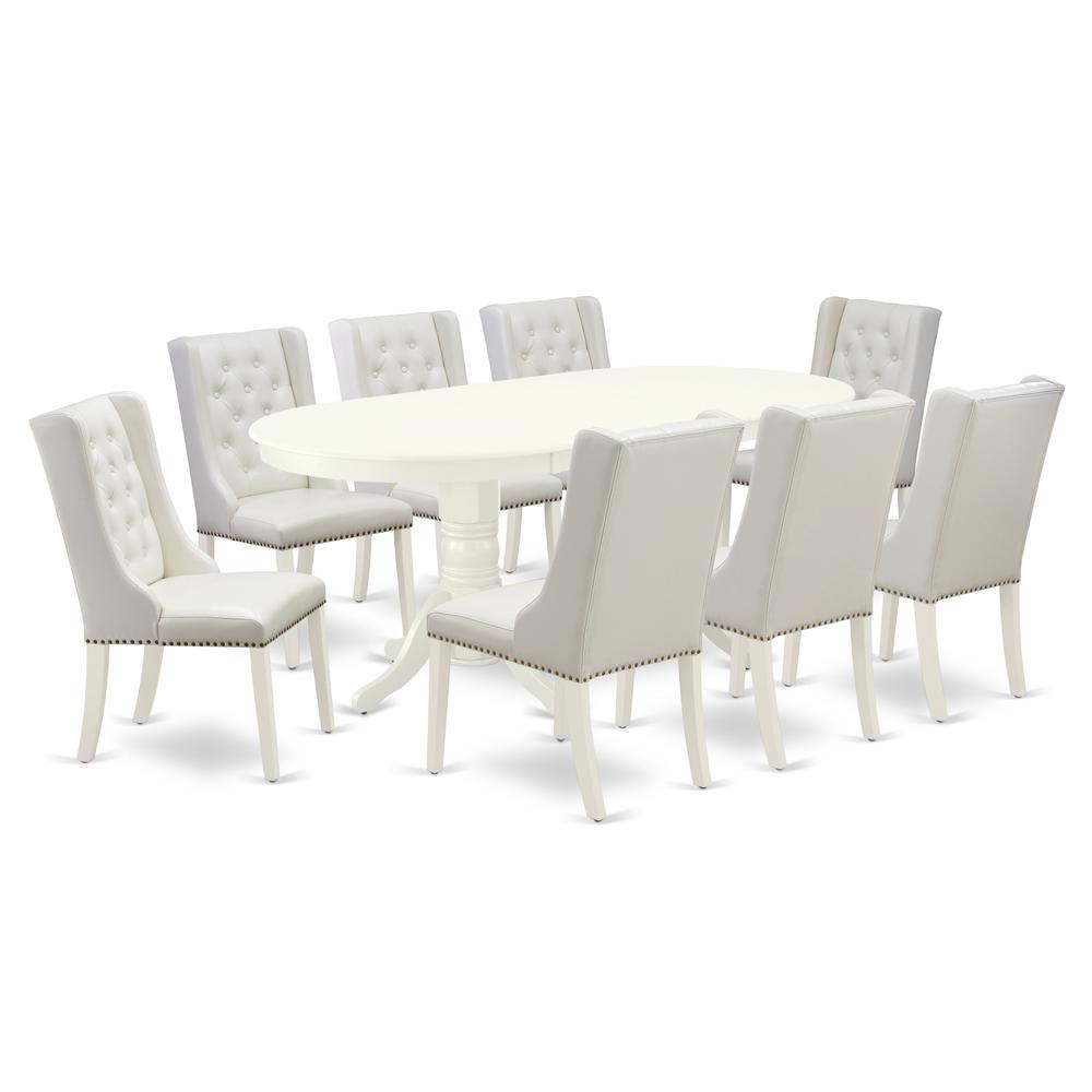 East West Furniture VAFO9-LWH-44 9-Pc Kitchen Dining Room Set Includes 1 Butterfly Leaf Double Pedestal Table - 8 Light Grey Linen Fabric Parson Chairs with Button Tufted Back - Linen White Finish