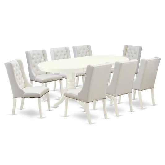 East West Furniture VAFO9-LWH-44 9-Pc Kitchen Dining Room Set Includes 1 Butterfly Leaf Double Pedestal Table - 8 Light Grey Linen Fabric Parson Chairs with Button Tufted Back - Linen White Finish