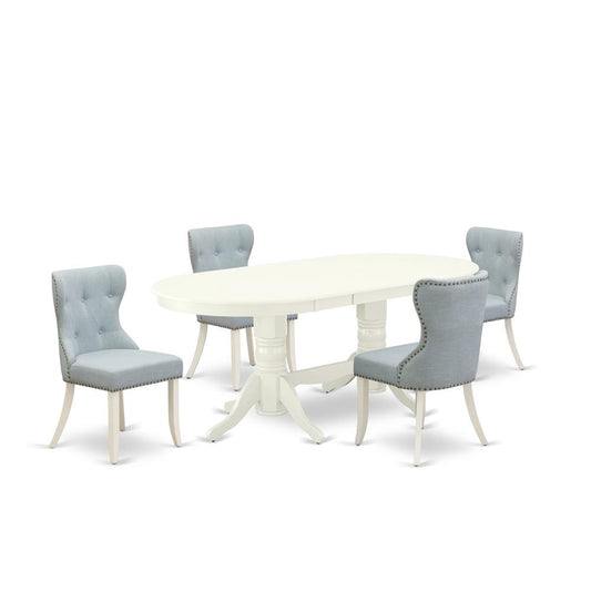 East-West Furniture VASI5-LWH-15 - A dining room table set of 4 great parson dining chairs with Linen Fabric Baby Blue color and a wonderful double pedestal 17 butterfly leaf oval wooden table with L"