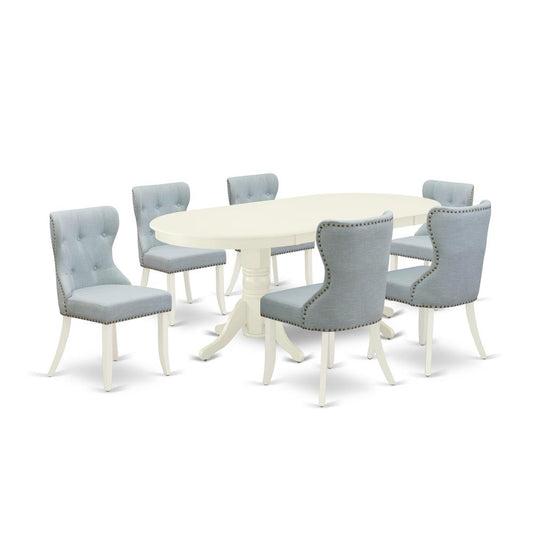 East-West Furniture VASI7-LWH-15 - A dining room table set of 6 wonderful dining room chairs with Linen Fabric Baby Blue color and a fantastic double pedestal 17 butterfly leaf oval dining room table"