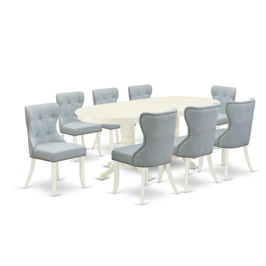 East-West Furniture VASI9-LWH-15 - A modern dining table set of 8 amazing kitchen chairs with Linen Fabric Baby Blue color and a fantastic mid-century dining table with Linen White color