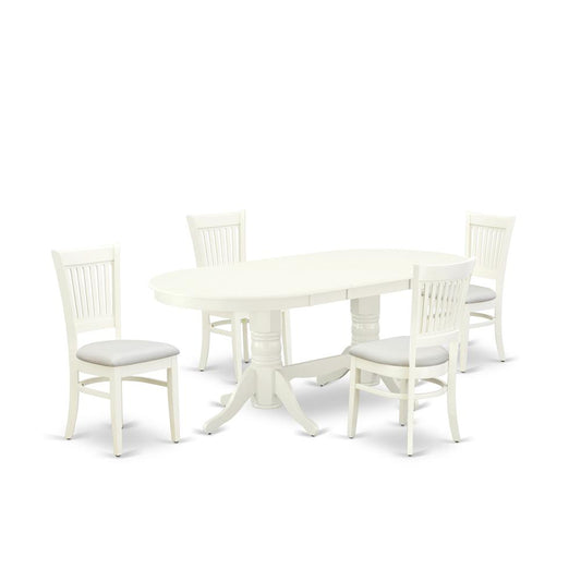 East West Furniture - VAVA5-LWH-C - 5-Pc Dinette Set- 4 Mid Century Chair with Linen Fabric Seat and Slatted Chair Back - Butterfly Leaf Dining Table - Linen White Finish