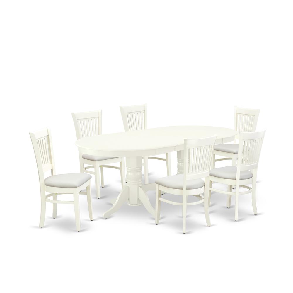 East West Furniture - VAVA7-LWH-C - 7-Pc Dining Table Set- 6 Kitchen Chair with Linen Fabric Seat and Slatted Chair Back - Butterfly Leaf Modern Kitchen Table - Linen White Finish