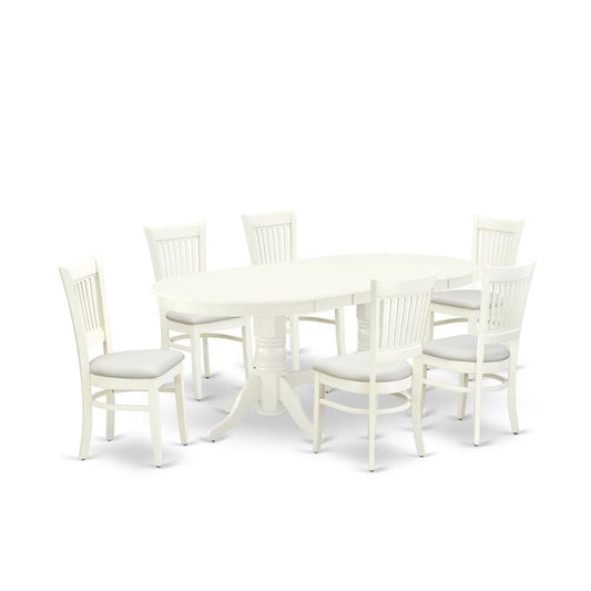 East West Furniture - VAVA7-LWH-C - 7-Pc Dining Table Set- 6 Kitchen Chair with Linen Fabric Seat and Slatted Chair Back - Butterfly Leaf Modern Kitchen Table - Linen White Finish