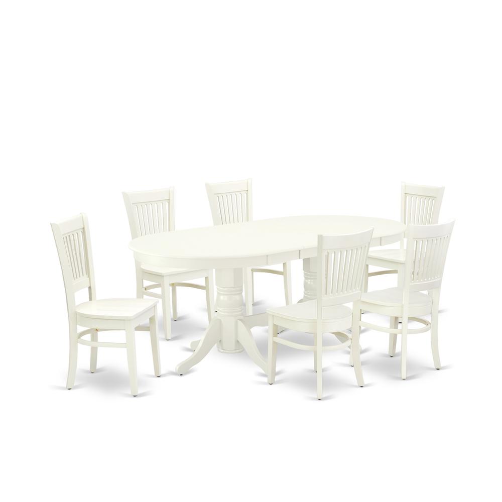 East West Furniture - VAVA7-LWH-W - 7-Pc Dining Table Set- 6 Wooden Chairs with Wooden Seat and Slatted Chair Back - Butterfly Leaf Kitchen Table - Linen White Finish