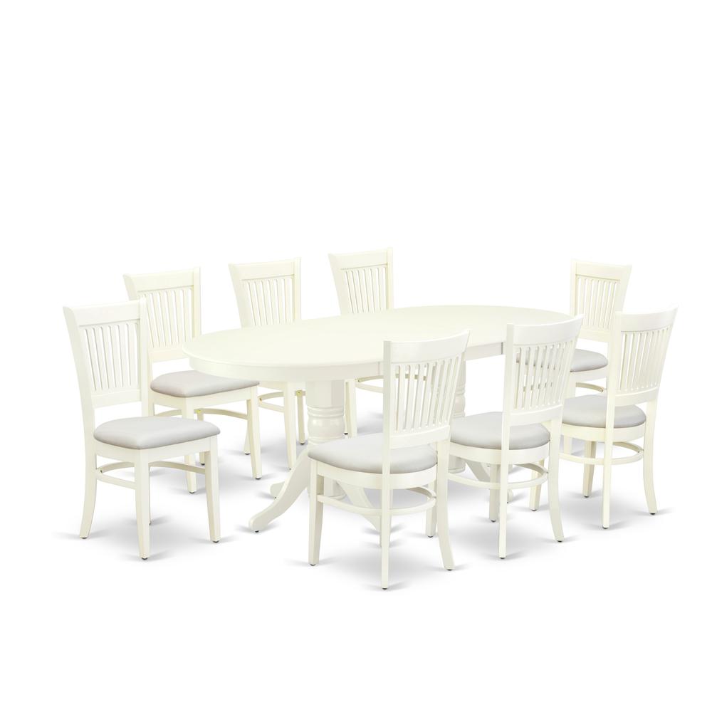 East West Furniture - VAVA9-LWH-C - 9-Pc Dining Room Table Set- 8 Dining Chairs with Linen Fabric Seat and Slatted Chair Back - Butterfly Leaf Wooden Dining Table - Linen White Finish