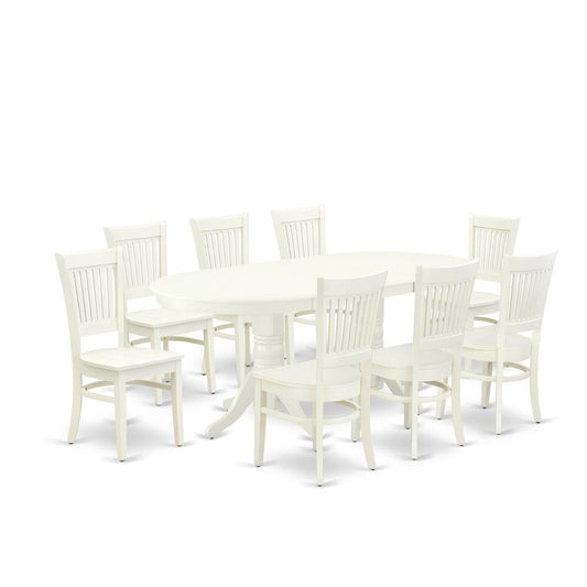 East West Furniture - VAVA9-LWH-W - 9-Pc Kitchen Table Set- 8 Mid Century Chair with Wooden Seat and Slatted Chair Back - Butterfly Leaf Dining Table - Linen White Finish