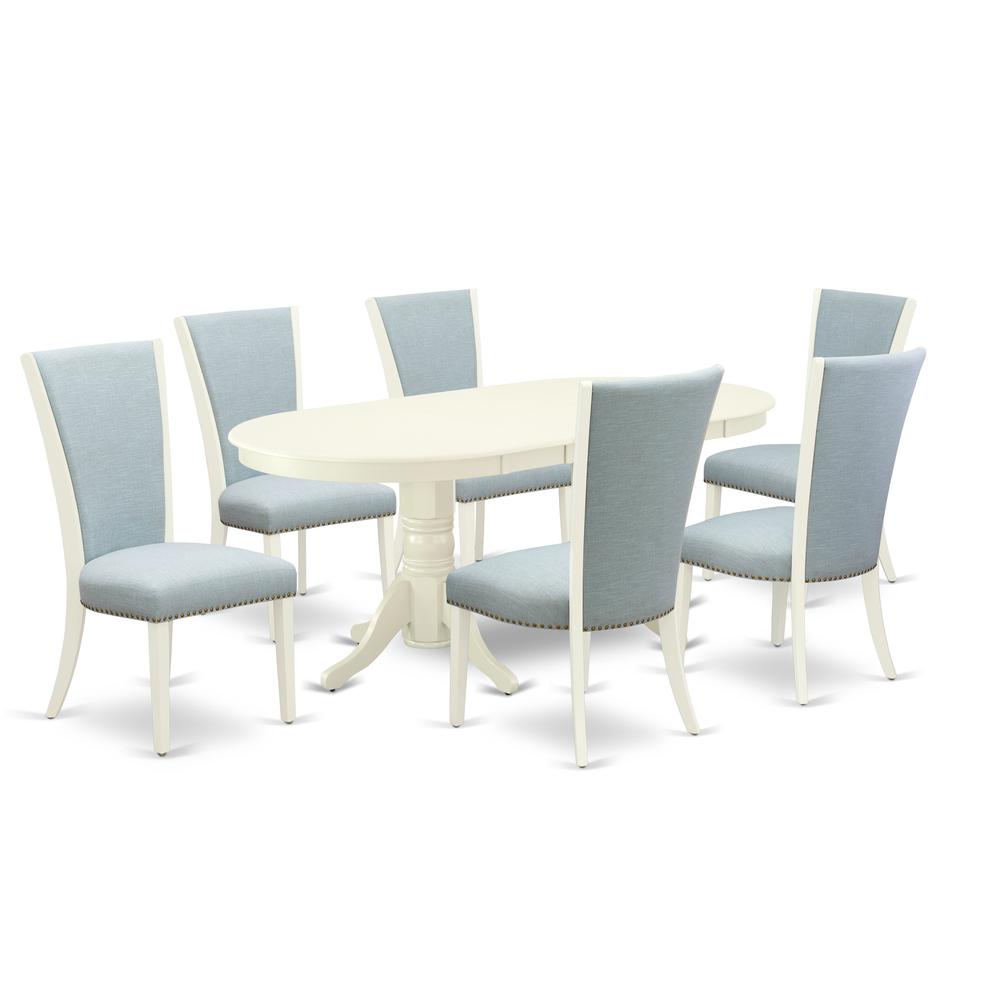 East-West Furniture VAVE7-LWH-15 - A dining set of 6 fantastic indoor dining chairs with Linen Fabric Baby Blue color and a beautiful wood kitchen table with Linen White color