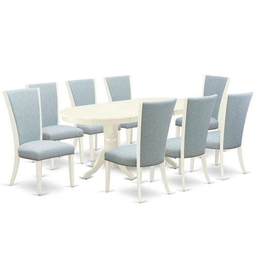 East-West Furniture VAVE9-LWH-15 - A wooden dining table set of 8 amazing dining room chairs with Linen Fabric Baby Blue color and a gorgeous double pedestal 17 butterfly leaf oval kitchen table with"