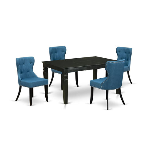 East-West Furniture WESI5-BLK-21 - A dining set of 4 great dining chairs using Linen Fabric Mineral Blue color and a gorgeous wooden dining table with Black color