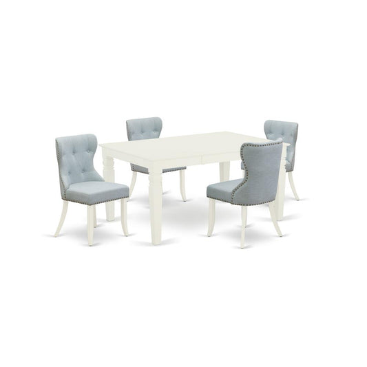 East-West Furniture WESI5-WHI-15 - A dining room table set of 4 fantastic parson chairs with Linen Fabric Baby Blue color and a beautiful midcentury dining table with Linen White color