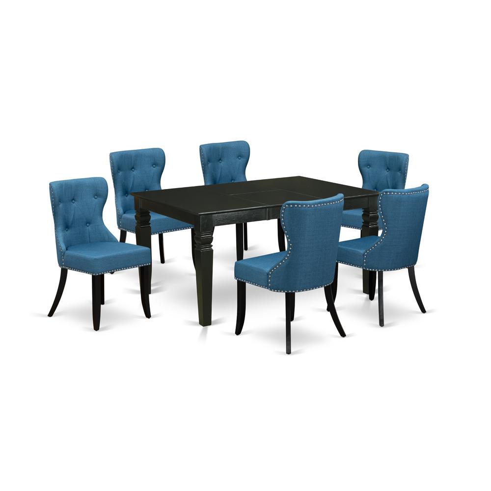 East-West Furniture WESI7-BLK-21 - A kitchen table set of 6 excellent parson chairs using Linen Fabric Mineral Blue color and a lovely dining table with Black color