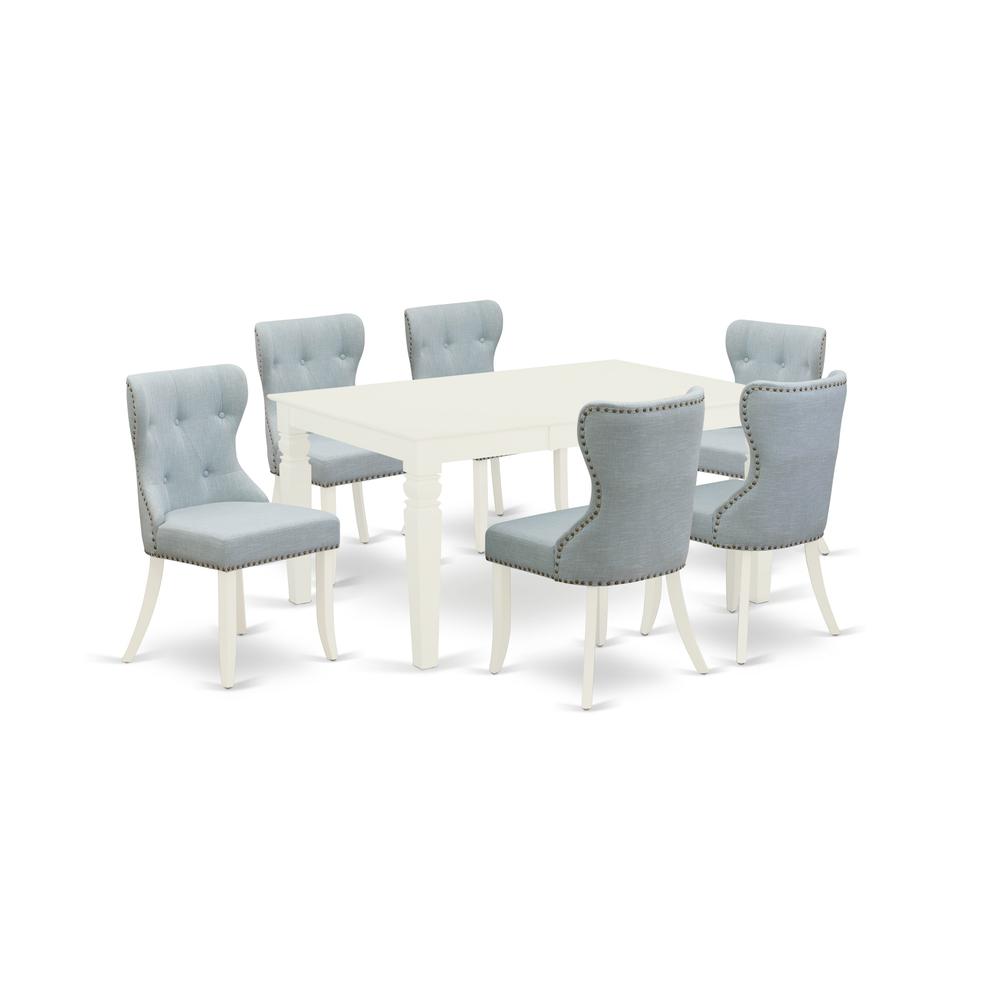 East-West Furniture WESI7-WHI-15 - A dining room table set of 6 amazing parson chairs with Linen Fabric Baby Blue color and a fantastic 18 butterfly leaf rectangle wooden table with Linen White color"