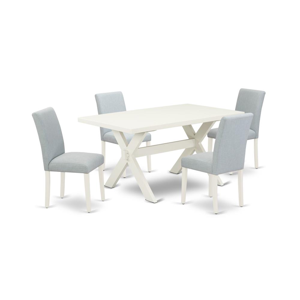 East West Furniture 5-Pc Dining Table Set Includes 4 Parson dining chairs with Upholstered Seat and High Back and a Rectangular Dining Table - Linen White Finish