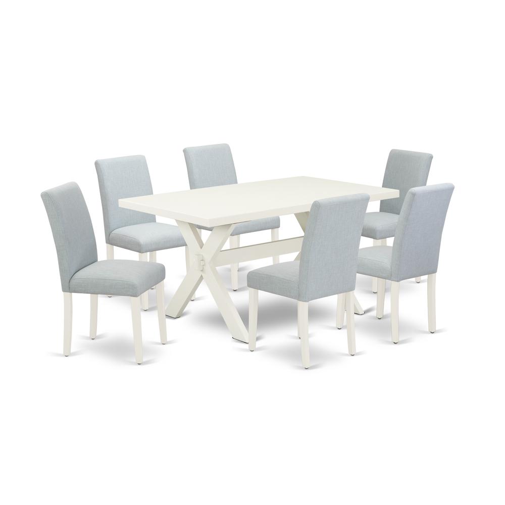 East West Furniture 7-Piece Kitchen Table Set Includes 6 Dining Chairs with Upholstered Seat and High Back and a Rectangular Modern Rectangular Dining Table - Linen White Finish