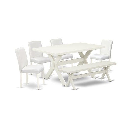 East West Furniture X026AB264-6 6-Piece Stylish Dining Set a Superb Linen White Wood Table Top and Linen White Small Bench and 4 Lovely Solid Wood Legs and Pu Leather Seat Parson Chairs with Stylish C