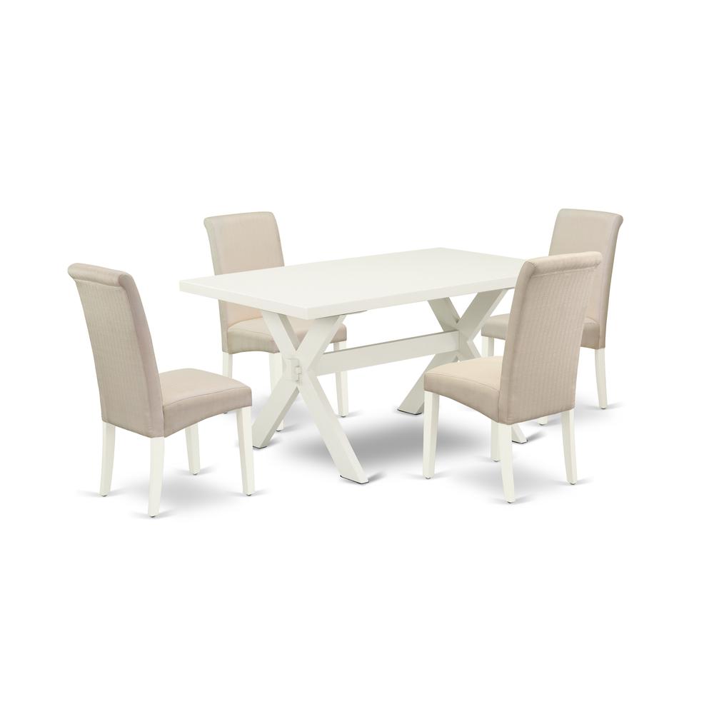 East West Furniture 5-Piece Modern Dining Table Set an Excellent Linen White Kitchen Rectangular Table Top and 4 Stunning Linen Fabric Dining Chairs with High Roll Chair Back, Linen White Finish