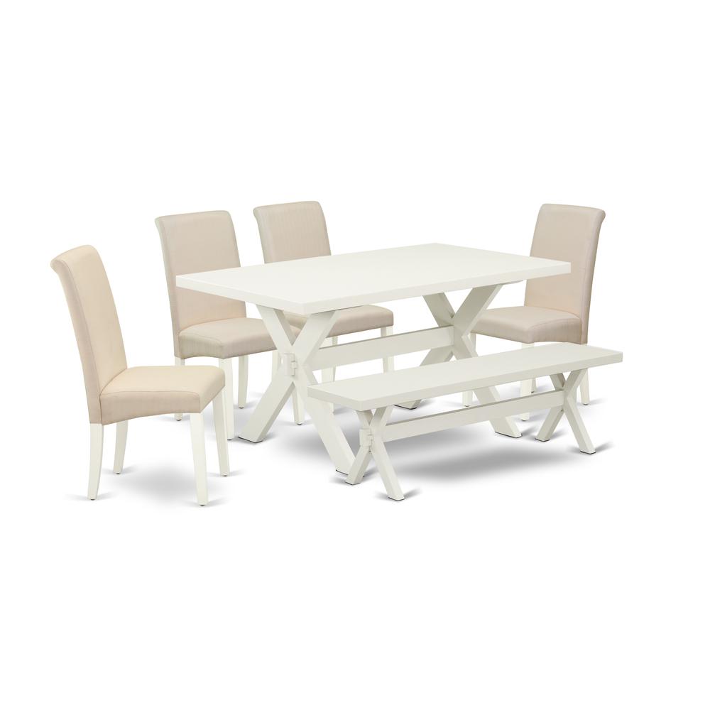 East West Furniture 6-Piece Stylish Dining Room Set an Outstanding Linen White dining table Top and 5 Stunning Linen Fabric Dining Chairs with High Roll Chair Back, Linen White Finish