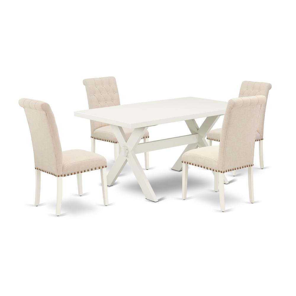 East West Furniture 5-Pc Dinette Set Included 4 Wood Dining chairs Upholstered Nails Head Seat and High Button Tufted Chair Back and Rectangular Dining room Table with Linen White Dining room Table To