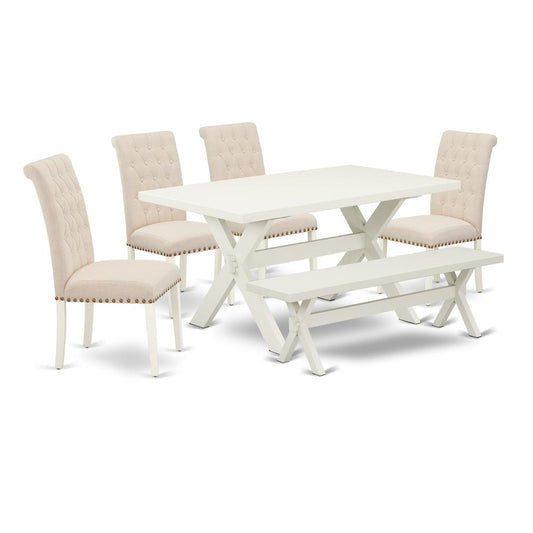 East West Furniture 6-Piece Table Dining Set-Light Beige Linen Fabric Seat and Button Tufted Chair Back Padded Parson Chairs, a Rectangular Bench and Rectangular Top Dining room Table with Solid Wood