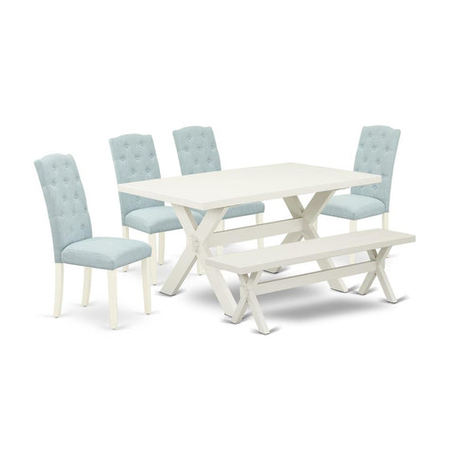 East West Furniture 6-Piece -Baby Blue Linen Fabric Seat and Button Tufted Chair Back Kitchen chairs, A Rectangular Bench and Rectangular Top Modern Dining Table with Hardwood Legs - Linen White and L