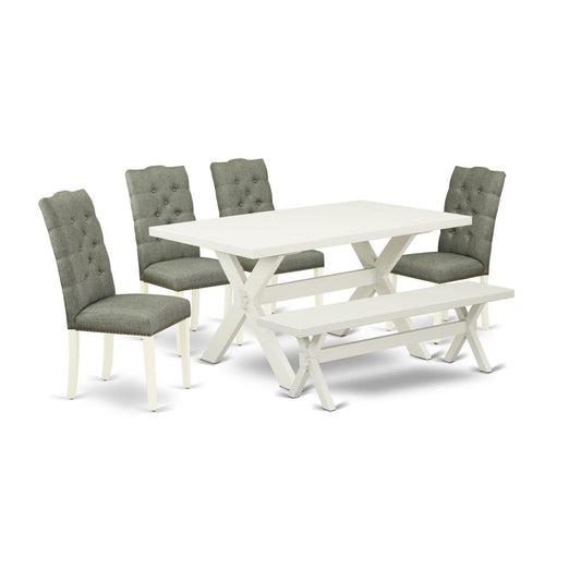 East West Furniture 6-Pc Dining room Table Set-Smoke Color Linen Fabric Seat and Button Tufted Chair Back Dining room chairs, a Rectangular Bench and Rectangular Top Kitchen Dining Table with Hardwood